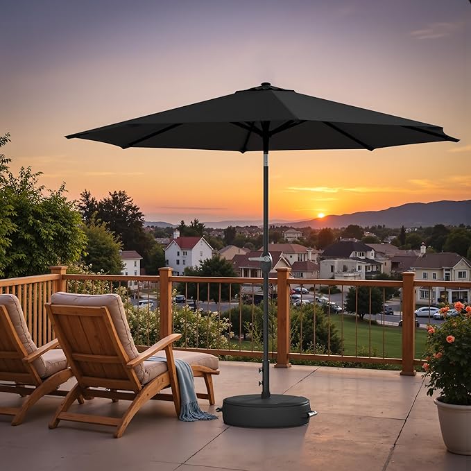 Greesum Outdoor Patio Umbrella with Base, Table Umbrella with 8 Sturdy Ribs, Push Button Tilt and Crank, Market Table Parasol for Garden, Lawn, Backyard & Pool, Black