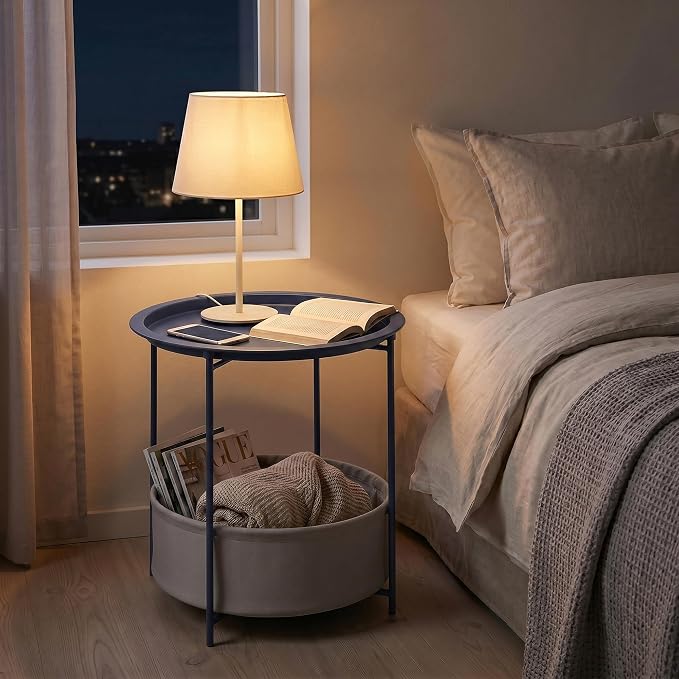 VECELO Round Side/End Table with Fabric Storage Basket，Metal Anti-Rust and Waterproof Small Bedside Nightstand with Removable Tray Top for Living Room，Balcony & Laundry，Blue /2pcs with Basket