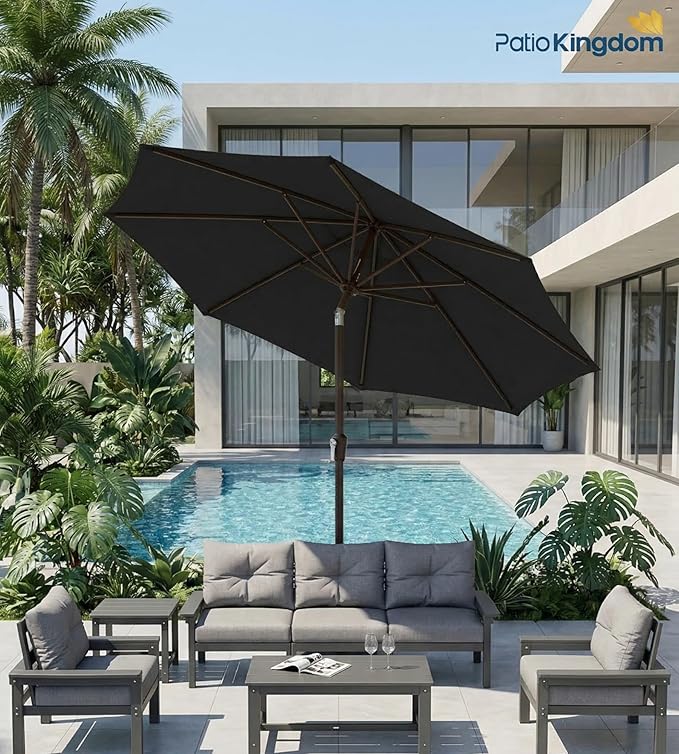 PatioKingdom 9FT Patio Outdoor Umbrella-UPF 50+ Sun Shade with Wind Vent, Push-Button Tilt & Smooth Crank Lift, Rust-Resistant Fiberglass Frame for Garden, Backyard,Yard (Black)