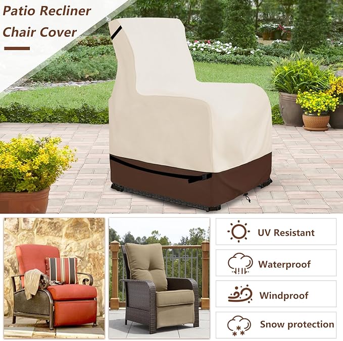 Outdoor Recliner Chair Covers,Patio Swivel Chair Covers,600D Heavy Duty Waterproof Patio Rocking Chairs Cover,Outdoor Furniture Covers for All Weather Protection.Beige & Brown