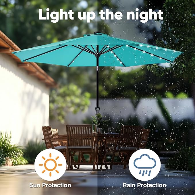 DUMOS LED Outdoor Patio Umbrella 10 FT UV-Resistant Market Umbrella with Tilt Adjustment & Crank Lift, All-Weather Shade for Backyard, Deck, Garden, Beach