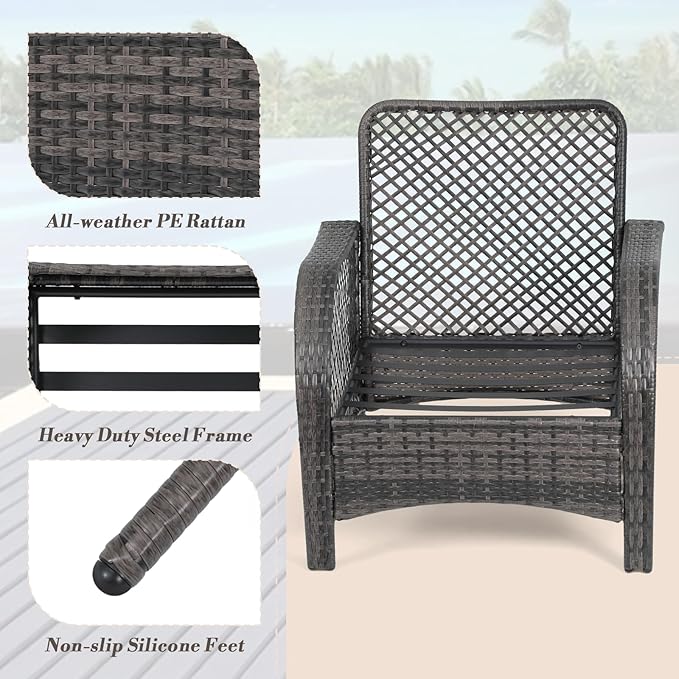 Athena Collection Patio Furniture Set of 3, All Weather Outdoor Sofa Conversation Set PE Rattan Chairs with Upholstered Seat and Backrest and Coffee Table Set for Bistro Garden Backyard, Gray