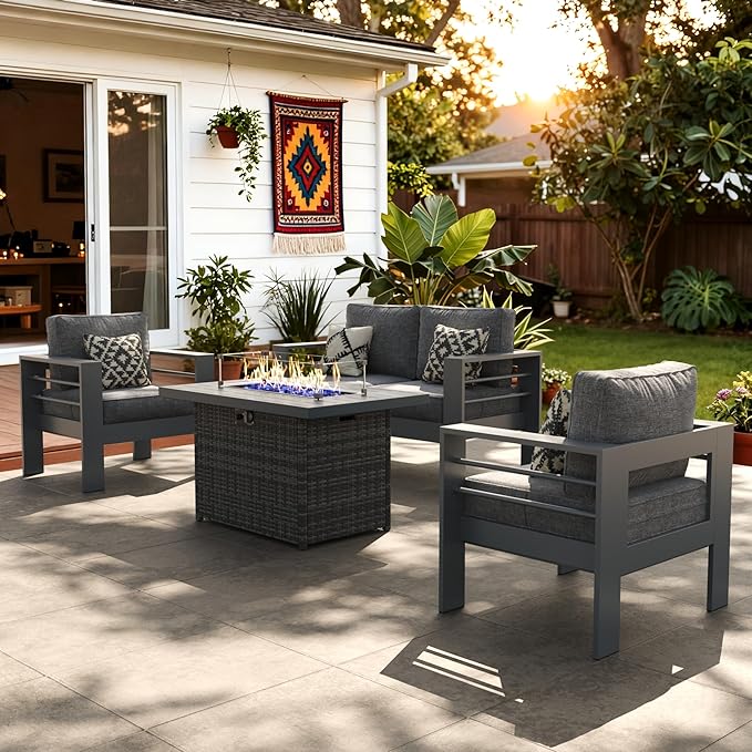 LayinSun Aluminum Furniture Set with Fire Pit Table, 4 Pieces Patio Sectional Conversation Chat Sofa Modern Seating Set