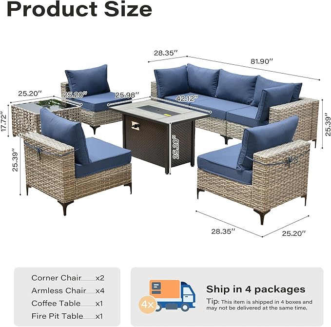 8 Pieces Patio Furniture Set with 42" Fire Pit, All-Weather Rattan Outdoor Sectional Conversation Sets L Shaped Sofas with Solar Light Coffee Table for Porch Balcony Backyard Denim Blue