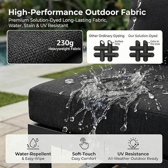 NICESOUL 7 Piece Modern Aluminum Patio Furniture Set with Fire Pit Table, 500 lbs Heavy Duty Outdoor Sectional Sofa, 29" Deep and Wide Big Seats, L Shaped Modular Conversation Couch for Deck, Black