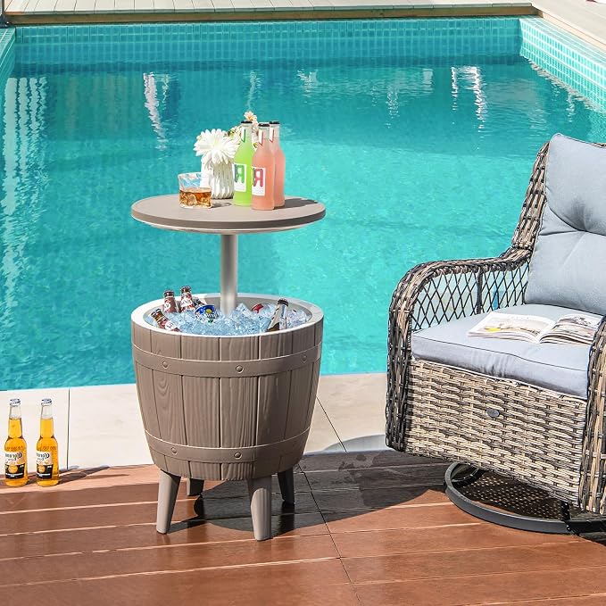COSTWAY Outdoor Cooler Bar Table, 10 Gallon Cooler with Height Adjustable Tabletop, 3-in-1 Ice Bucket for Beer & Wine, All-Weather Cocktail Table for Backyard, Party, Poolside (Coffee)