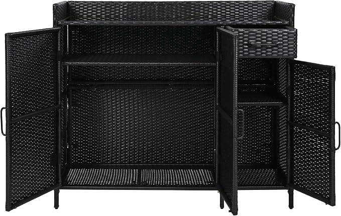 RuiSiSi Wicker Bar Table with Drawer & Adjustable Shelf for Outdoor, Rattan Buffet Cabinet Sideboard with Tempered Glass Desktop, Patio Rattan Bar Table with 3 Doors, Black Brown