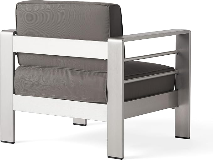 Christopher Knight Home Cape Coral Outdoor Aluminum Club Chairs with Side Table, Khaki / Silver