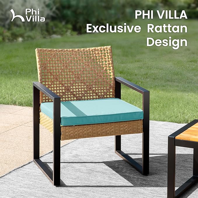 PHI VILLA Patio Wicker Furniture Set for 4, Yellow Rattan Loveseat & Chairs with Cyan Cushions & Acacia Wood Coffee Table, Outdoor Modern Conversation Sofa Set for Deck, Yard, Porch