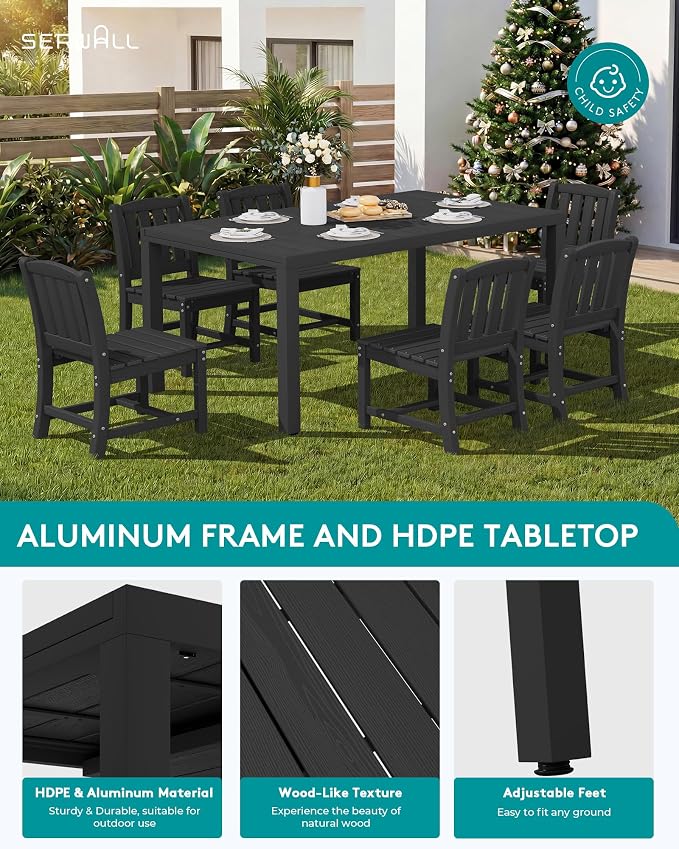 SERWALL Outdoor Patio Dining Set for 8, Black | 60" - 83" Expandable Outdoor Dining Table and 8 HDPE Chairs, All Weather Material Outdoor Furniture Set Backyard, Garden