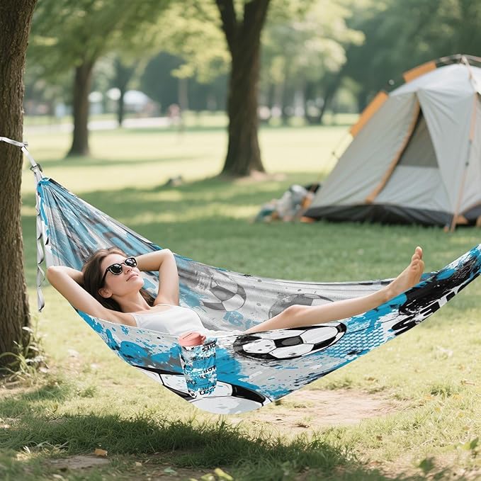 Qilmy Abstract Football Blue Camping Hammock Single – 330 lbs Capacity, Lightweight with Tree Straps & Carabiners, Portable for Hiking, Travel, Backpacking