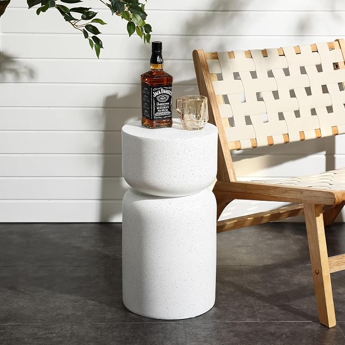 LuxenHome Outdoor Side Table, 21'' White with Gray Flecks Pillar Round Concrete Accent End Table, Garden Stool for Patio, Yard, Indoor Outdoor Coffee Furniture for Living Room