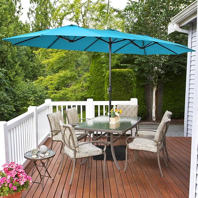 Tangkula 15FT Double-Sided Patio Umbrella with Base, Extra-Large Market Umbrella W/Crank System, Outdoor Twin Umbrella W/ 12-Rib Metal Structure & Air Vents for Garden, Backyard, Poolside (Turquoise)