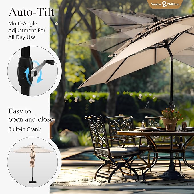 Sophia & William 10ft 3 Tier Auto-tilt Patio Umbrella,Wind Resistent,Outdoor Patio Umbrellas Double Vented Umbrella with Crank for Pool Garden Backyard, Beige