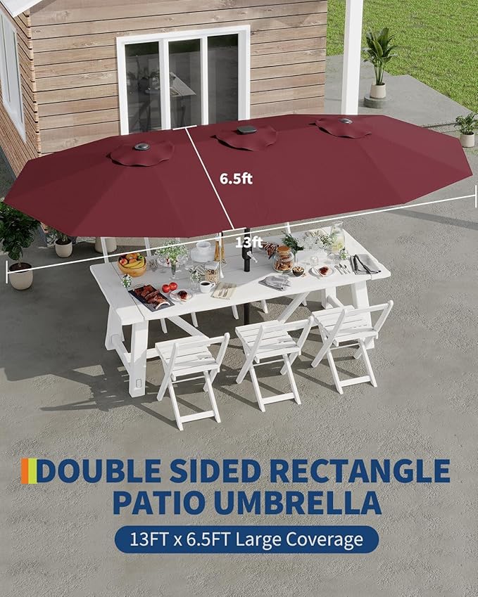 13ft Patio Umbrella with Double Canopy, Commercial Grade Extra Large Outdoor Market Umbrella for Patio Table, Pool & Backyard, Heavy Duty Aluminum Pole & Fiberglass Ribs, Parasol-Style Fabric, No Base
