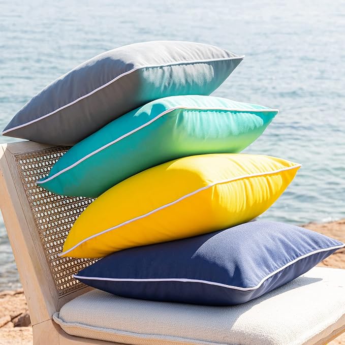 Phantoscope Pack of 2 Outdoor Waterproof Throw Pillow Covers with Contrast Piping, Decorative Square Cushion Case Patio Pillows for Couch Tent, Dark Blue 18x18 inches