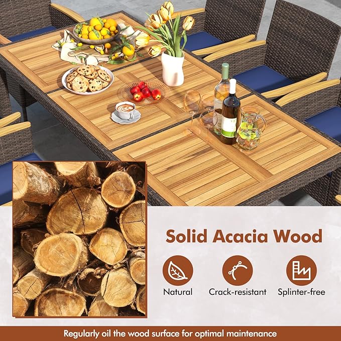 COSTWAY 9-Piece Patio Dining Set for 8, Outdoor Rattan Wicker Table and Chairs Furniture Set with Umbrella Hole, Acacia Wood Tabletop for Backyard, Balcony, Poolside, Brown & Navy