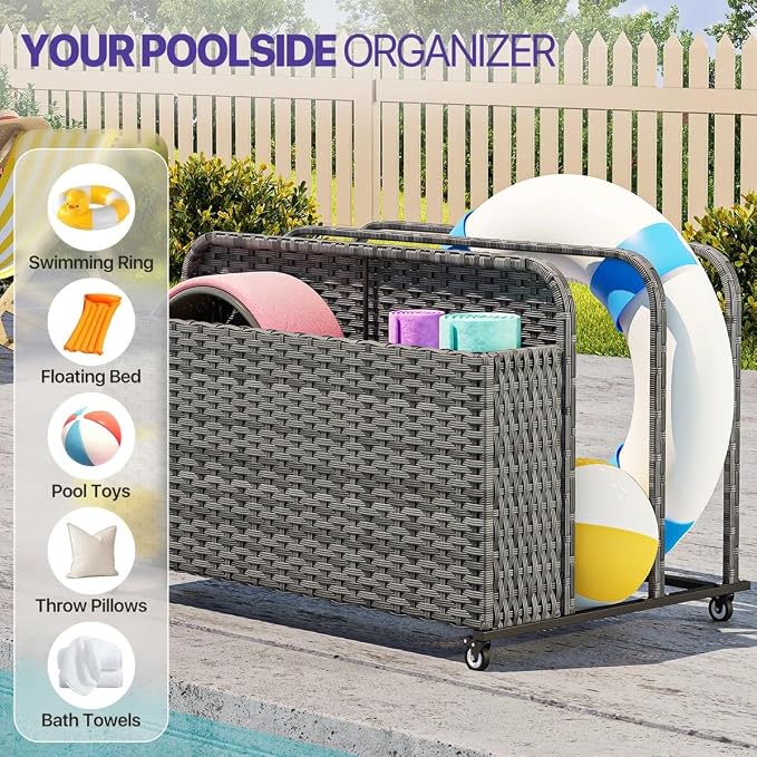 Poolside Deck Box, Poolside Storage Organizer With Pe Rattan Wicker Basket, For Floats & Accessories, Galvanized Frame With Locking Wheels