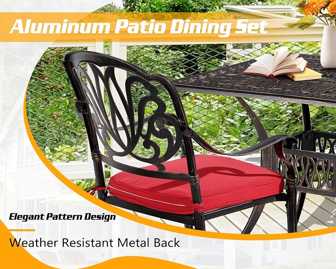 TITIMO 5-Piece Outdoor Patio Dining Set,Cast Aluminum Furniture Patio Conversation Set All-Weather Includes Square Table with Umbrella Hole for Patio Garden Deck, Flower Design (Red)