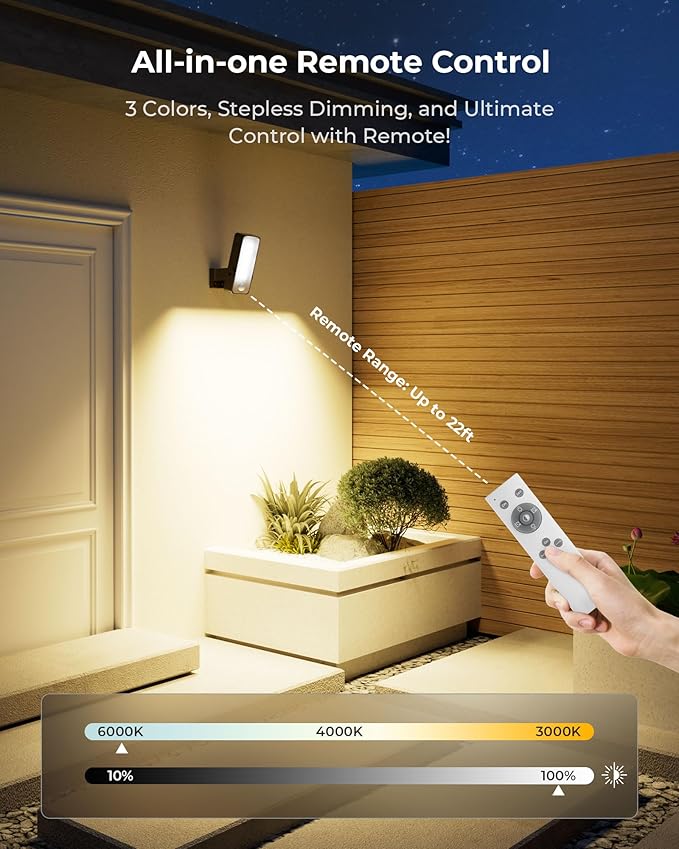 Motion Sensor Outdoor Light, 10000mAh Rechargeable Battery Operated Outdoor Light with Remote, 3 Modes with Red Alert, Dimmable & 3CCT, Waterproof Outdoor Security Lights for Porch, Backyard, Garage