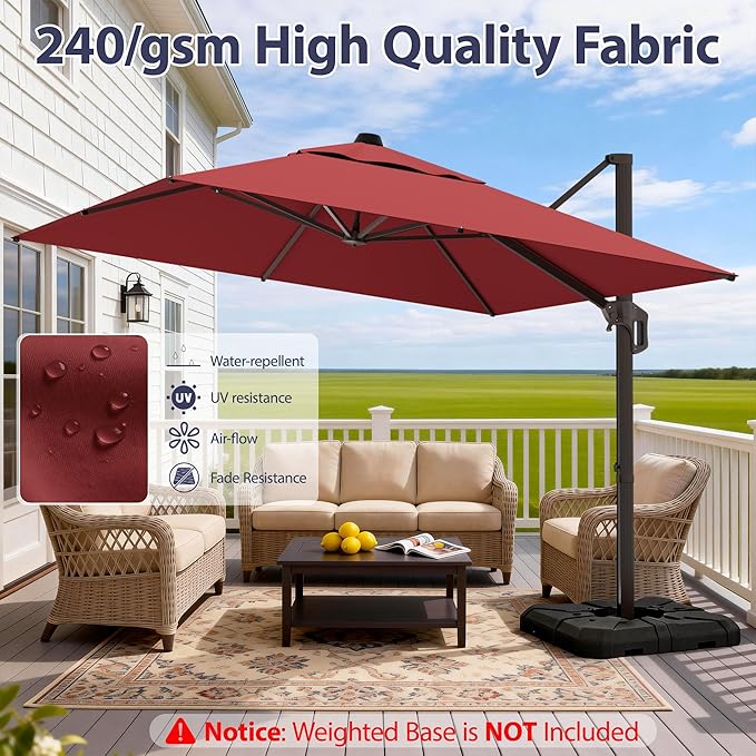 10' X 10' Patio Umbrella Cantilever Outdoor Rectangle Umbrella, Heavy Duty 360°Rotation Offset Umbrella for Garden Deck Pool Patio, Red