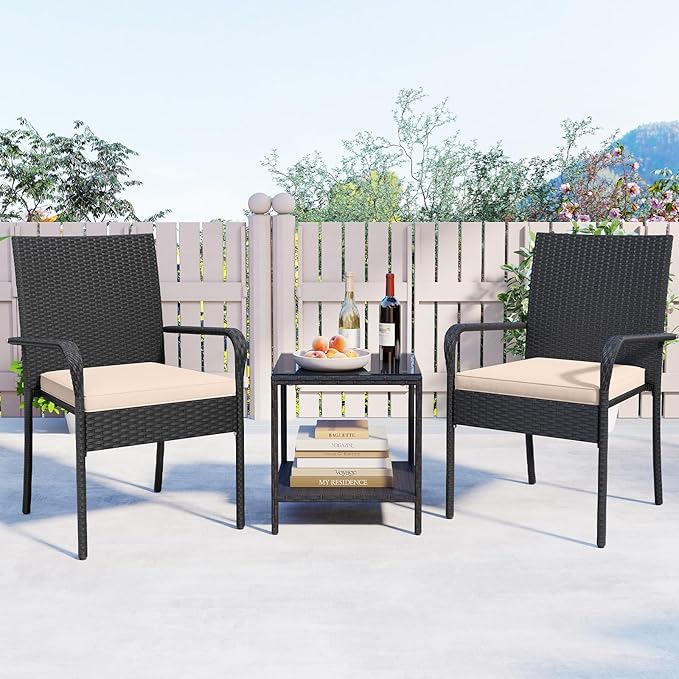 Tangkula 3 Pieces Patio Furniture Set, PE Rattan Outdoor Cushioned Conversation Chairs with 2-Tier Tempered Glass Tabletop Table, for Balcony, Garden and Poolside (Beige)