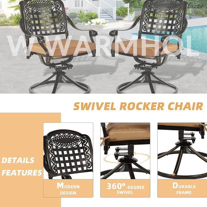 9-Piece Patio Dining Set, Outdoor Patio Table and Chair Set of 84” Oval Cast Aluminum Dining Table with Umbrella Hole, 6 Stationary, 2 Swivel Rocker Chairs, Patio Funiture Set for Backyard
