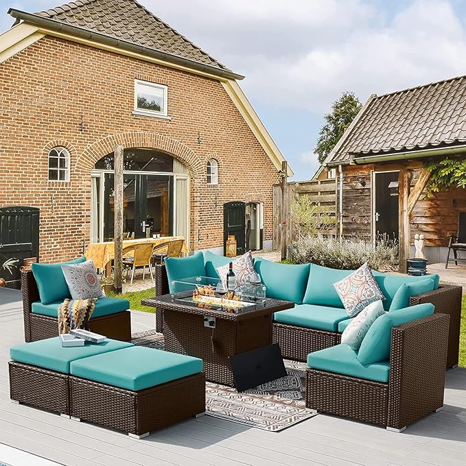 BULEXYARD 9 Piece Highback Patio Furniture Set with Fire Pit Table, Modern Modular Outdoor Sectional Couch Sofa with Ottoman, 8-Person Backyard Seating for Outside, Deck, Brown Wicker & Teal Cushion