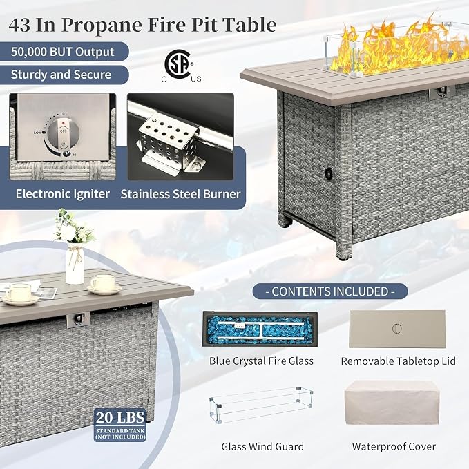 6-Piece Wicker Outdoor Patio Furniture Set with PE Rattan Sectional Sofa, Conversation Set and Fire Pit Table for Backyard Patio(Gray)