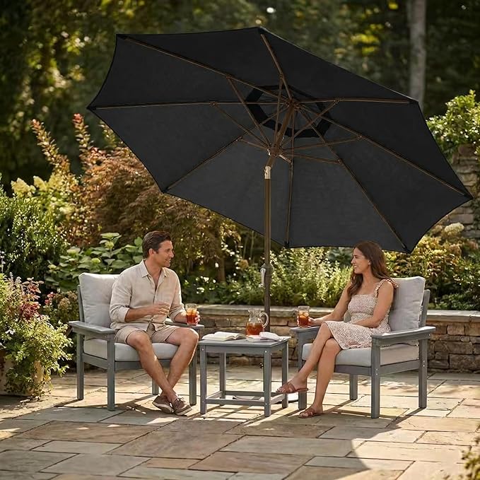 Kingdura 9FT Outdoor Patio Umbrella, Market Table Umbrella with Push Button Tilt and Crank, 8 Sturdy Fiberglass Ribs, UV Protection for Pool, Lawn, Deck, Backyard, Garden (Black)