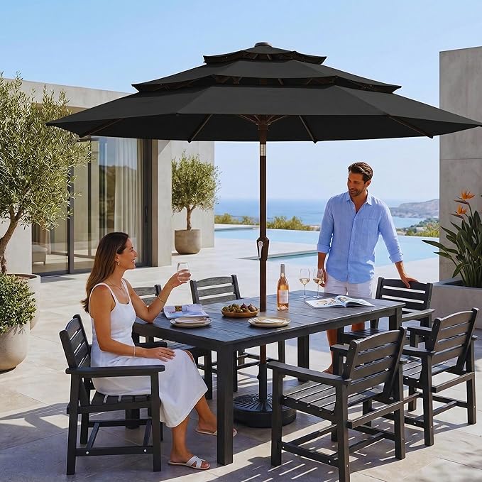 10ft 3 Tier Patio Umbrella, Outdoor Market Table Umbrella with UPF 50+ Vented Canopy, 8 Sturdy Ribs, Easy Push Button Tilt and Crank, Windproof for Deck, Pool, Backyard and Garden