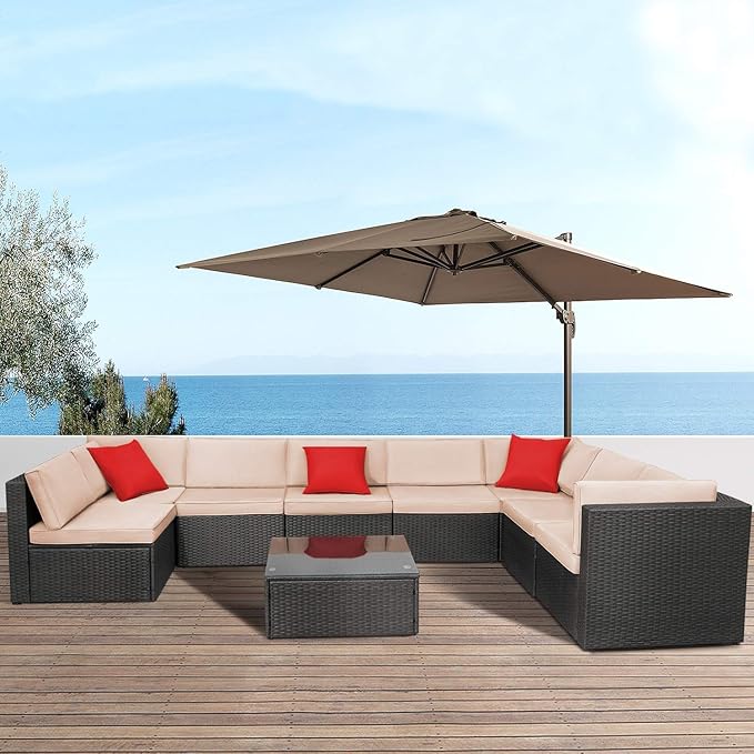 Devoko 9 Pieces Outdoor Patio Sectional Sofa All-Weather Patio Furniture Sets Manual Weaving Wicker Rattan Patio Conversation Set with Cushions and Glass Table (Brown)