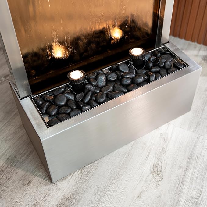 XBrand 68 in H Freestanding Modern Indoor/Outdoor Waterfall Fountain w/Decorative Rocks, LED Lights & Auto-Shut Off Pump, Stainless Steel/Bronze Glass, Silver
