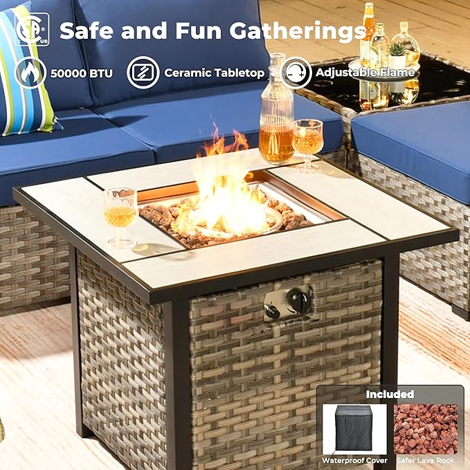 ovios 7 Pieces Patio Furniture Set, Outdoor Wicker Sectional Sofa with 30 Inch Fire Pit Table Comfy Cushions, Modern Modular Deep Seat Rattan Couch Conversation Set, Navy Blue