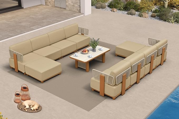 PURPLE LEAF Patio Furniture Set L-Shaped Outdoor Sectional Sofa with 11" Thick Cushion 11-Piece Outdoor Conversation Set with Ottomans & Coffee Lights for Backyard Poolside Table Included, Beige