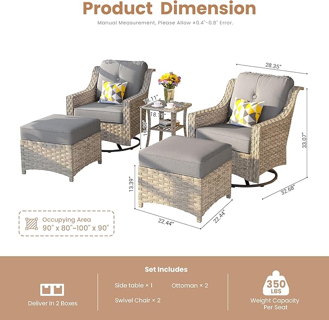 HOOOWOOO Patio Furniture Set,5 Pieces Wicker Outdoor Furniture,High Back Conversation Set with All Weather Resistant Swivel Chairs with Ottoman Side Table,Dark Gray