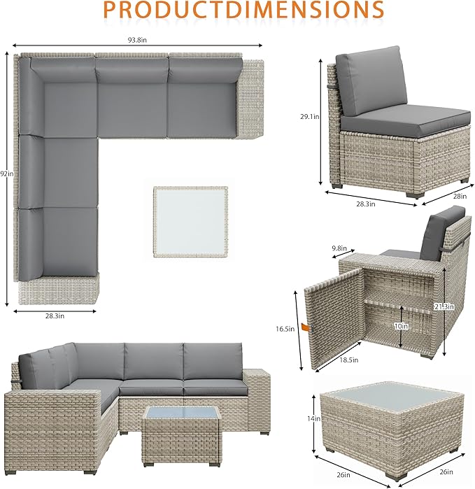 6 Piece Patio Furniture Set, 8" Wide Arm Sectional Sofa Set with Coffee Table, High-Back All-Weather Rattan Outdoor Conversation Set for Garden, Porch, Lawn, Gray