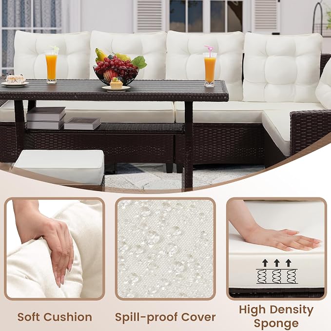 KROFEM 6 Piece Patio Furniture Set, Dining and Conversation Set, Beige | UV Treated Wicker, Machine Washable Cushions, Seats 7, 2 Ottomans, 3 Sofa Section, Dining Table, Rustproof Frame