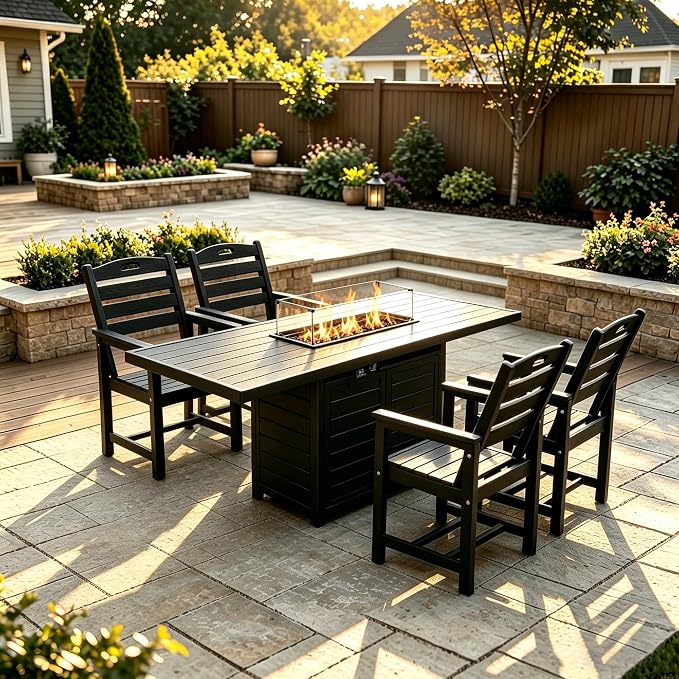 PIZZELLO 5 Pieces Patio Furniture Set w/ 60" Gas Fire Pit Table and 4 HPDE Patio Dining Chairs, Outdoor Conversation Set 50,000 BTU Aluminum Propane Fire Pit Patio Chairs Set of 4 for Backyard