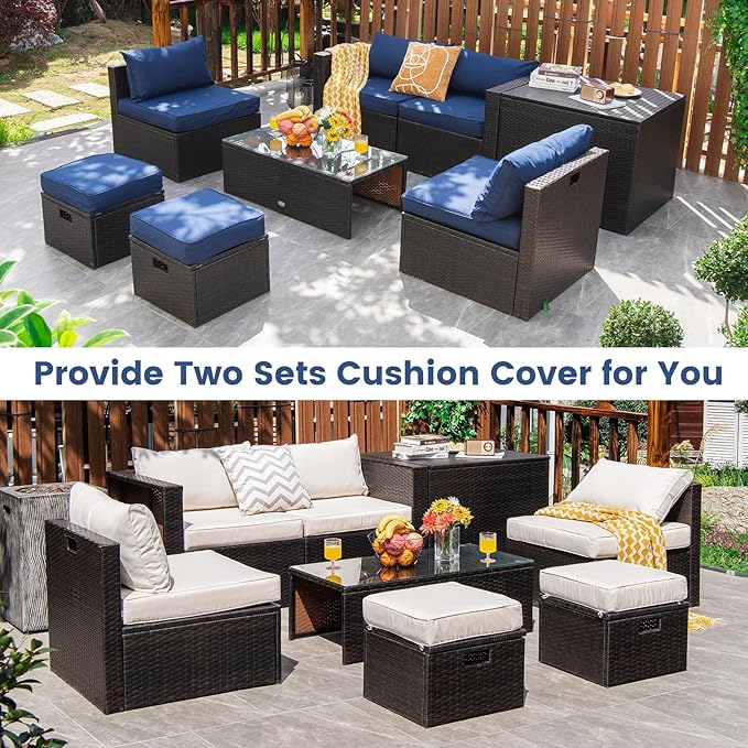 Tangkula 8-Piece Patio Wicker Furniture Set, Patiojoy Outdoor PE Rattan Conversation Set with Storage Box, Tempered Glass Table, 2 Ottomans, 2 Armless Sofas and 2 Corner Sofas, 2 Cushion Covers Set