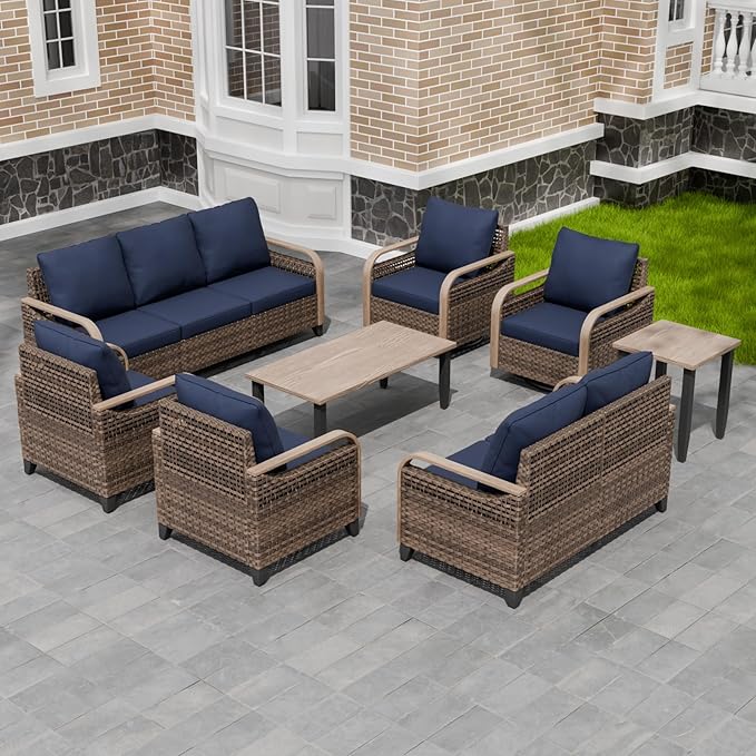 Modern Wicker Patio Furniture Set, Rattan Outdoor Conversation Set， 2 Patio Chairs, 2 Swivel Rocking Chairs, 3 Seat Couch, Loveseat, Coffee Table and Side Table, 8 Pieces, Brown/Blue