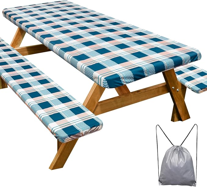 Play Tailor Picnic Table Cover with Bench Covers Camping Essentials Waterproof Windproof Camping Tablecloth with Drawstring Bag, Fitted Rectangle Tables and Seats, 72in, Green Checkered