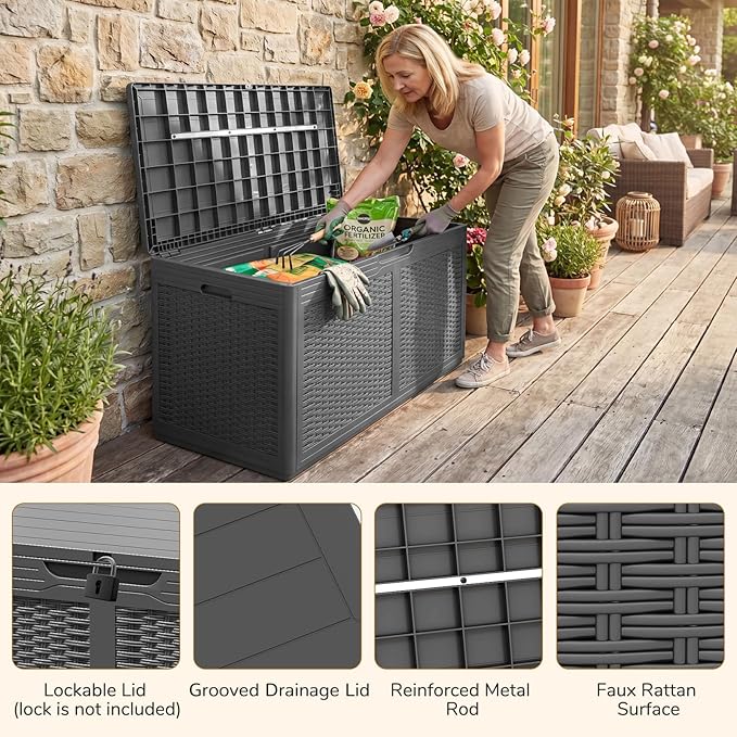 Tangkula 100 Gallon Outdoor Storage Box, Lockable Outdoor Storage Bench with 2 Smooth Wheels, Faux Rattan Surface, Waterproof Resin Deck Box for Outside Poolside Patio Garden (Grey)