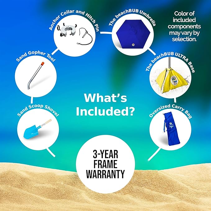 BEACHBUB ALL-IN-ONE BEACH UMBRELLA SYSTEM. Includes ULTRA Base (compliant with the ASTM F3681-24 Beach Umbrella Safety Standard). (Caribbean Blue)