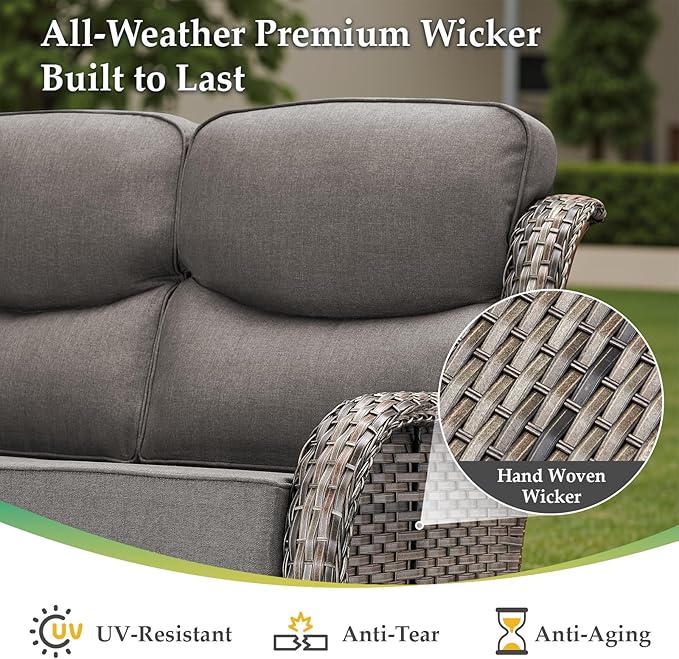 Luxury 4 Pieces Patio Furniture Set-Outdoor Swivel Rocker Patio Chairs with 6" Extra Thick Cushions, High Back Outdoor Couch and Coffee Table, Wicker Conversation Sets for Porch Deck(Grey/Grey)