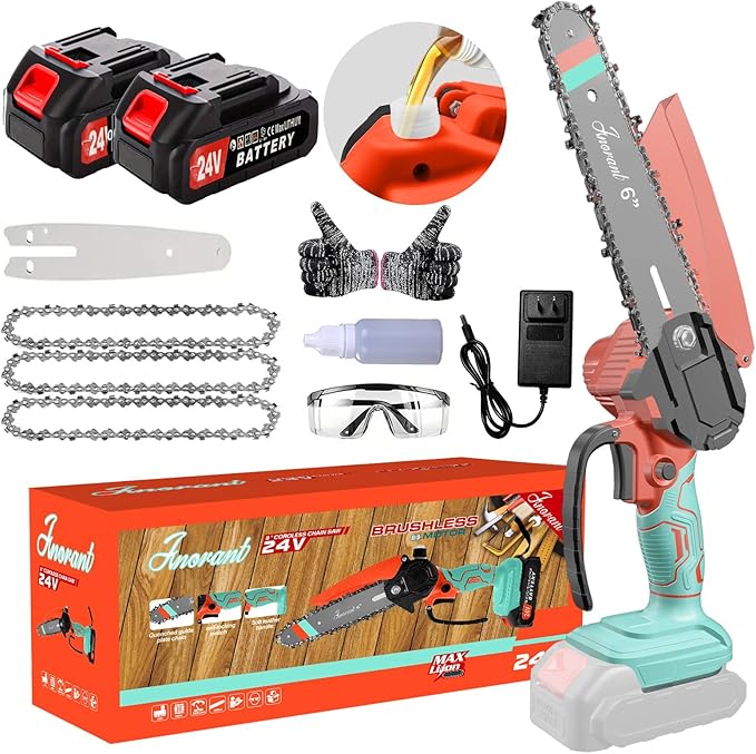 Mini Chainsaw with 2×24V Battery Powered Electric Chain Saw,chain saw are suitable for cutting wood and trimming branches,Mini Chainsaw Cordless With three chains (Orange-blue)
