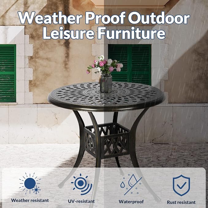 31 Inch Outdoor Dining Table Round Patio Bistro Table Bronze Cast Aluminum Rustic Large Table with Umbrella Hole