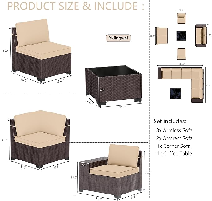 Patio Furniture Set Sofa 7-pcs Wicker Sectional Sofa Set,Outdoor Furniture Rattan Patio Conversation Sets with Seat Cushions and Tempered Glass Coffee Table