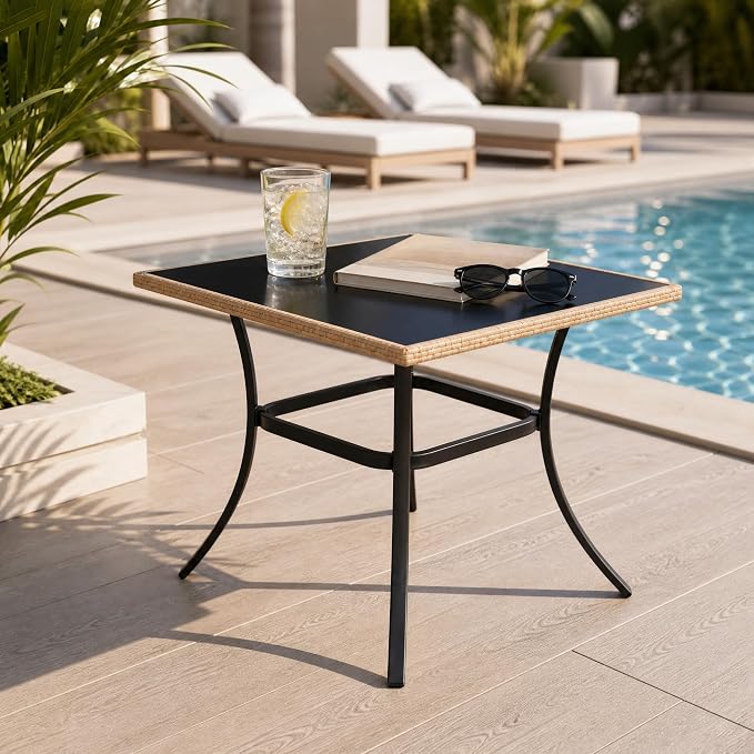 AECOJOY Outdoor Patio Dinning Table for 4, 35.2" Square Rattan Patio Outdoors Tables with Glass Tabletop Rectangular Metal Frame All Weather-Resistant Dining Desk for Lawn Backyard Garden Porch