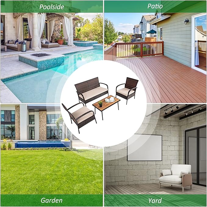 Wicker Conversation 4 Pieces Outdoor Patio Set with Washable Sofa Cushions, Rattan Wi, Brown (As PictureShows)